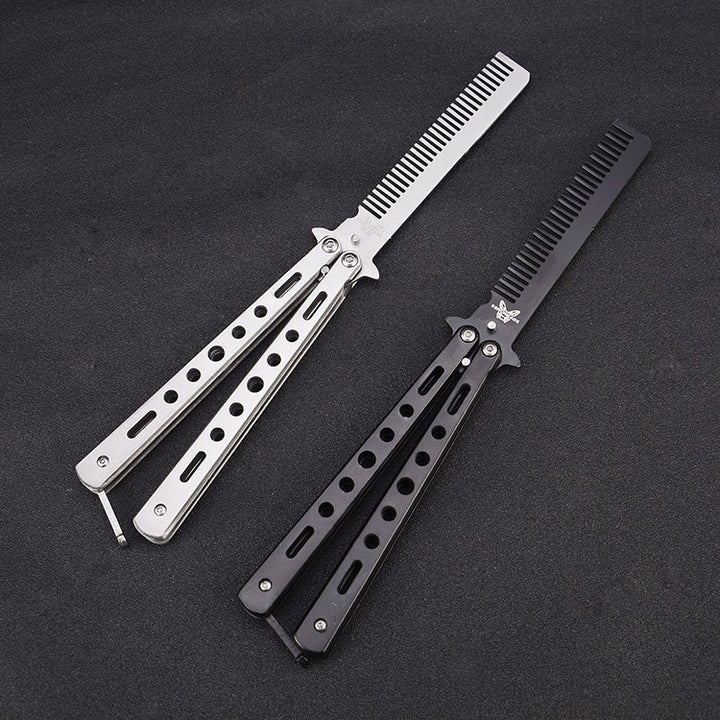 Outdoor Foldable Comb Stainless Steel Practice Training Butterfly Knife Comb Beard Moustache Brushe Salon Hairdressing Hair Styling Tool