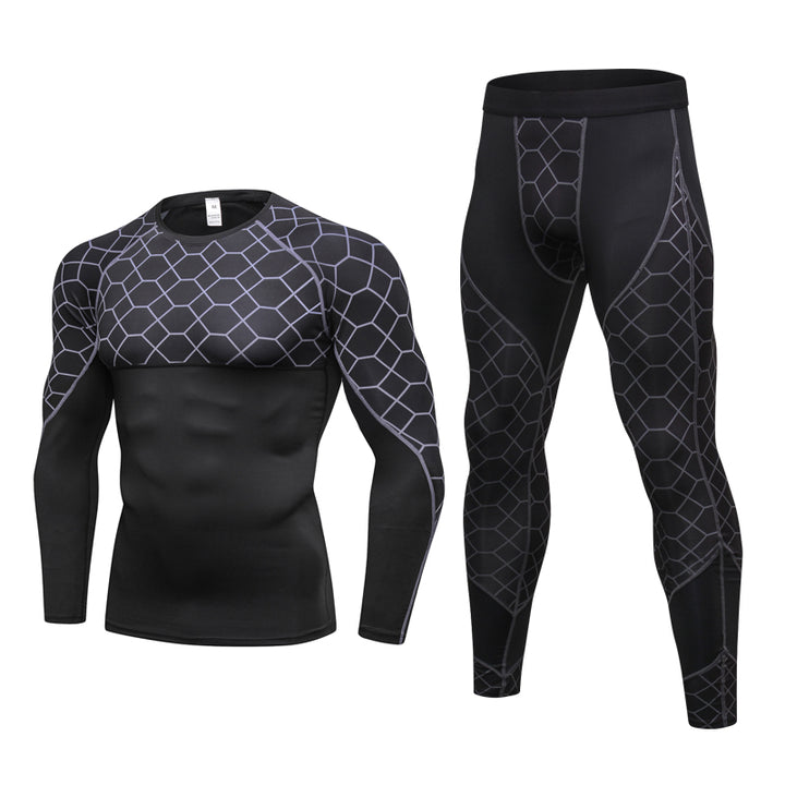 Men's Compression Run jogging Suits Grid Clothes Sports Set Long t shirt And Pants Gym Fitness workout Tights clothing 2pcs Sets