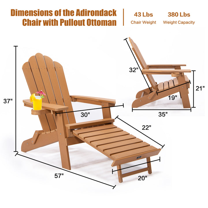 TALE Folding Adirondack Chair With Pullout Ottoman With Cup Holder, Oaversized, Poly Lumber,  For Patio Deck Garden, Backyard Furniture, Easy To Install