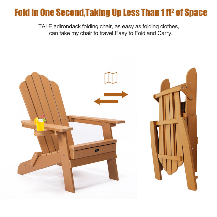 TALE Folding Adirondack Chair With Pullout Ottoman With Cup Holder, Oaversized, Poly Lumber,  For Patio Deck Garden, Backyard Furniture, Easy To Install