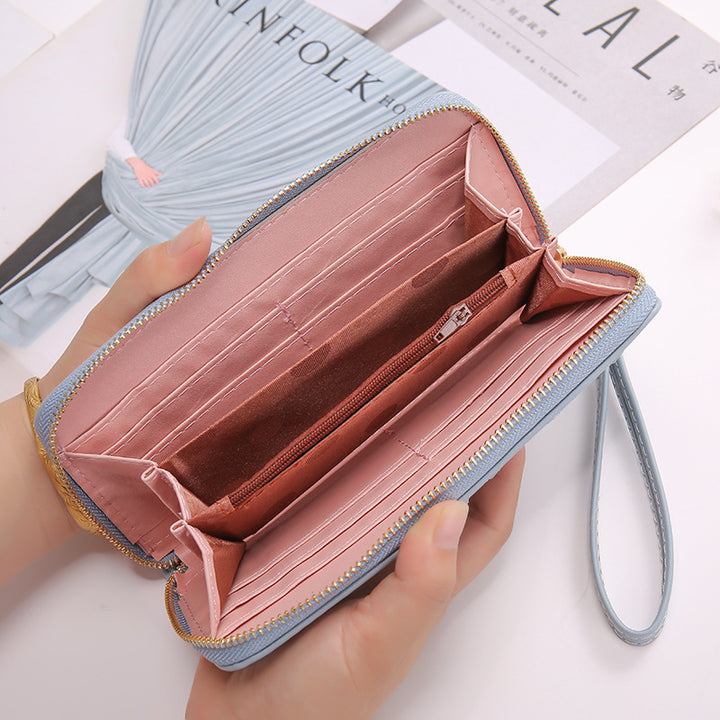 Long Crown Embroidery Thread Single Zip Clutch Wallet Women