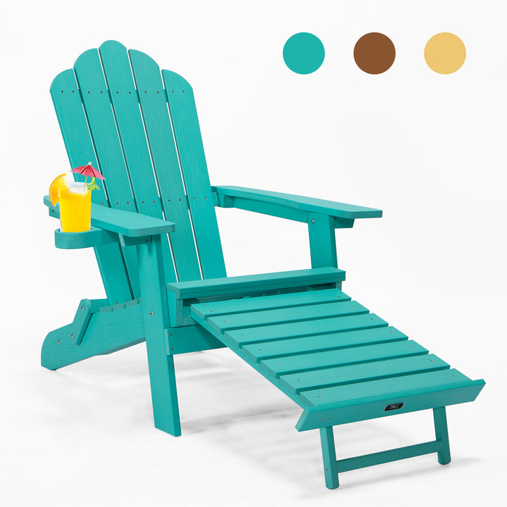 TALE Folding Adirondack Chair With Pullout Ottoman With Cup Holder, Oaversized, Poly Lumber,  For Patio Deck Garden, Backyard Furniture, Easy To Install