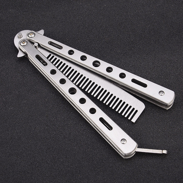 Outdoor Foldable Comb Stainless Steel Practice Training Butterfly Knife Comb Beard Moustache Brushe Salon Hairdressing Hair Styling Tool