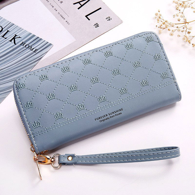 Long Crown Embroidery Thread Single Zip Clutch Wallet Women