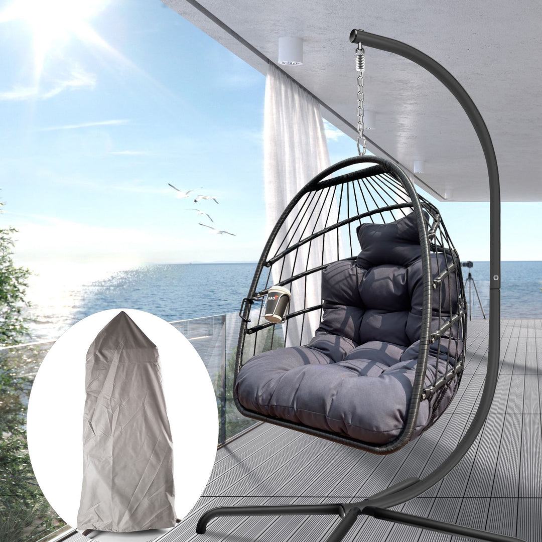 Swing Egg Chair With Stand Indoor Outdoor, UV Resistant Cushion Hanging Chair With Guardrail And Cup Holder, Anti-Rust Foldable Aluminum Frame Hammock Chair, 350lbs Capacity For Porch Backyard