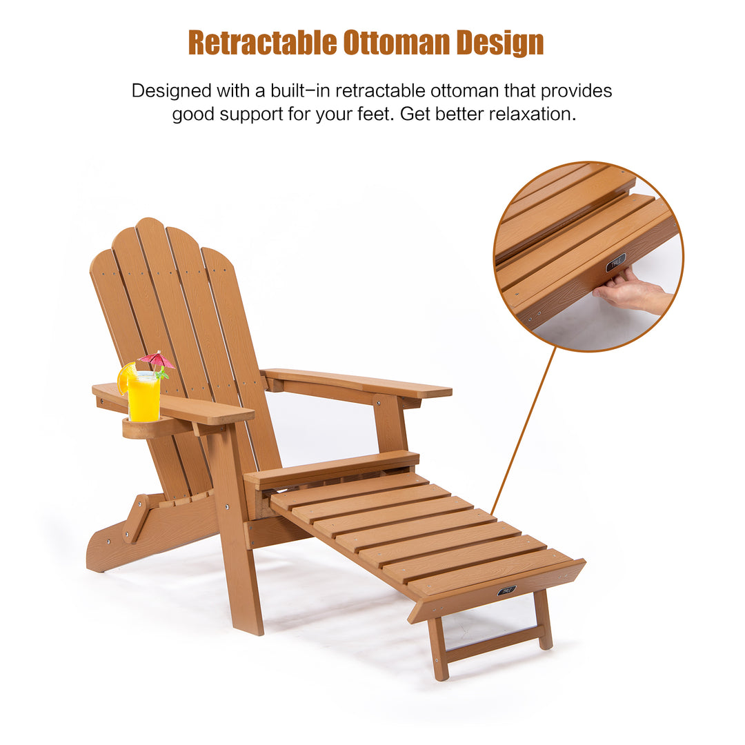 TALE Folding Adirondack Chair With Pullout Ottoman With Cup Holder, Oaversized, Poly Lumber,  For Patio Deck Garden, Backyard Furniture, Easy To Install